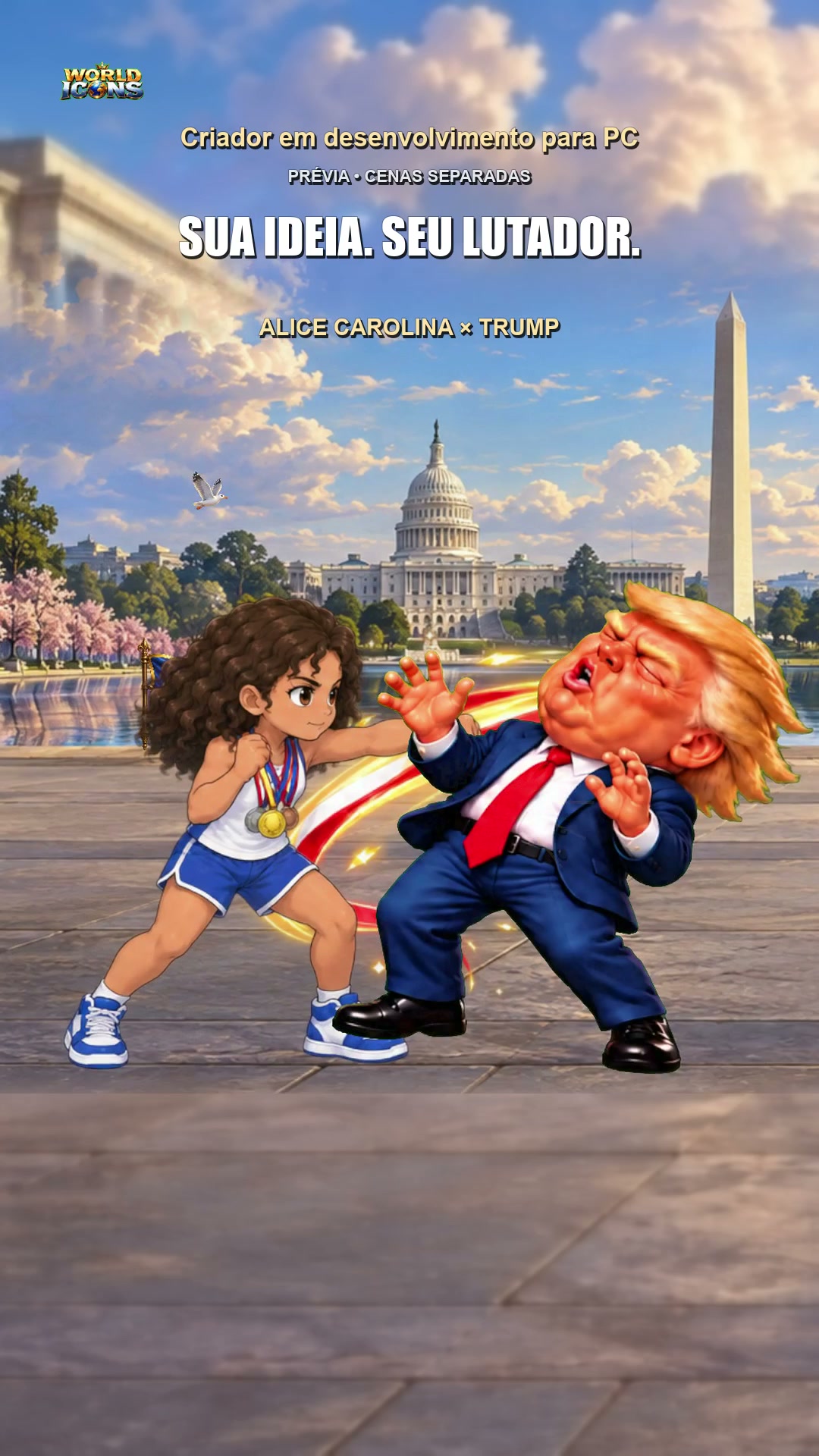 Alice Carolina, uma criação original, acerta Trump em uma demonstração de gameplay real de World Icons.